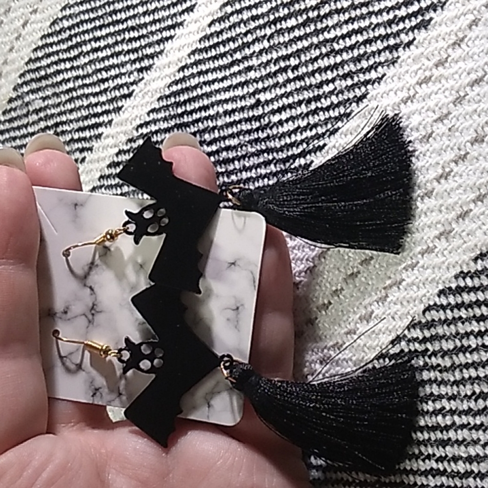 Halloween Bat Earrings with Tassels. 3.5 inches long in black - Picture 3 of 4